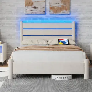 COLLAREDEAGLE Queen Size LED Bed Frame with Charging Station Wood Platform Bed Frame with Upholstered Headboard and Wood Slat Support No Squeak Design No Spring Mattress Needed Easy Assembly Gray