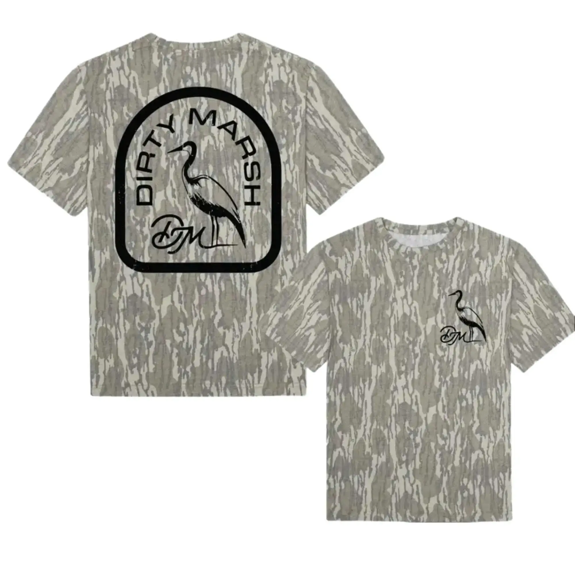 Vintage Dirty Marsh Bottomland Camo Heron Graphic T-Shirt for Men, Outdoor Hunting Short Sleeve Tee, Nature Bird Print Casual Camouflage Shirt