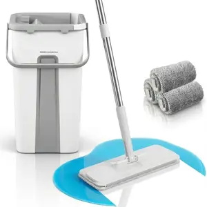 Mop and Bucket Set with Wringer, Self Cleaning Flat Mop and Bucket System, 2  Bucket Wash & Dry System, 360? Rotating, 3 Microfiber Pads Included Ideal for Homes, Floor & Wall Ceilings