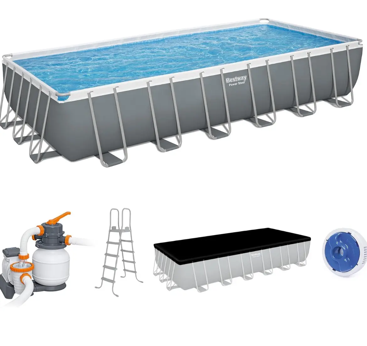 Power Steel 24’ x 12' x 52” Above Ground Pool, Rectangular Metal Frame Outdoor Swimming Pool Set with Sand Filter Pump, Ladder, and Cover
