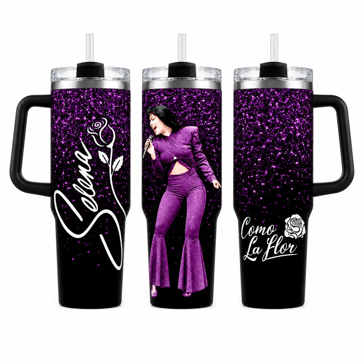 Latina Music Fan Purple Glitter 40oz Tumbler With Handle, Selena Como La Flor Rose Signature Artwork Insulated Travel Mug for Commute Work Party