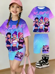 Summer Girls' Set Shoulder Short Sleeve Yoga Pants Two Piece Set, Blue Gradient Starlight K-Pop Cartoon Print Casual, Summer Clothing Set, Summer Clothes Set