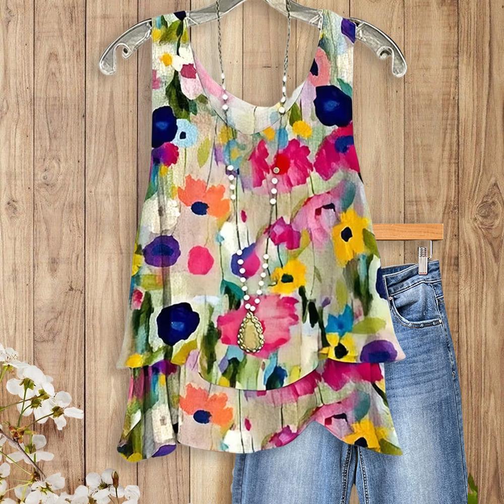 (Runs Large)Sage Vell Watercolor Floral/Blue Striped/Red Polka-dot Non-positional Print Layered Tank Top Sleeveless Round Neck Loose Fit Casual Boho Style For Daily Vacation Beach Office All Match Outfit