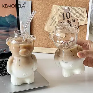 Set of 2 Cute Bear Glass Cups with Straws, Perfect for Kids, Ideal for Parties & Daily Use, Fun Design for Children, Funny Glass Cup