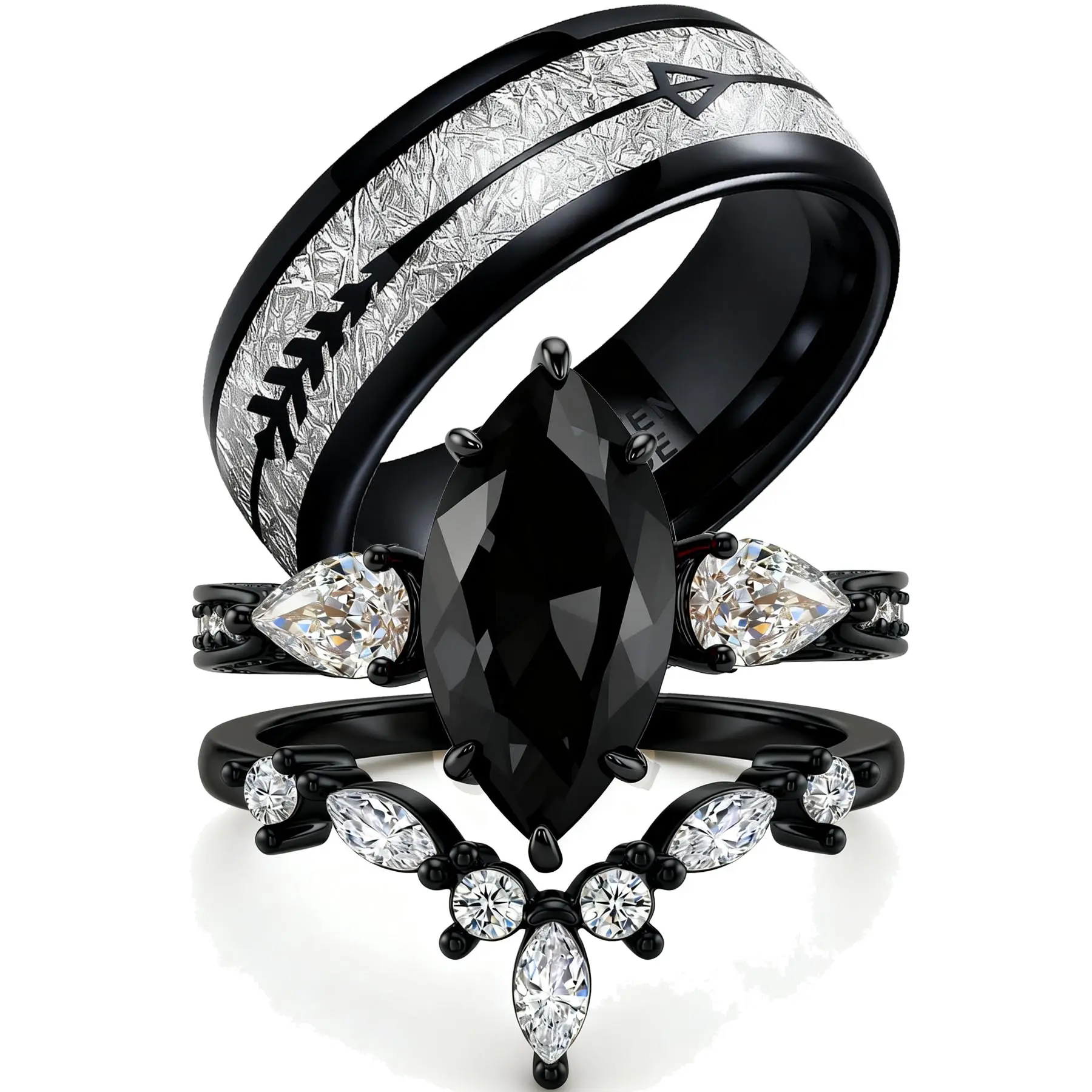 VOWSERING 1.5CT Marquise CZ Wedding Ring Set for Women & Men Black Gold Plated Tungsten Steel & 5A Grade Cubic Zirconia Bridal Couple Rings Hypoallergenic & Tarnish Resistant Gift-Ready Ring Box