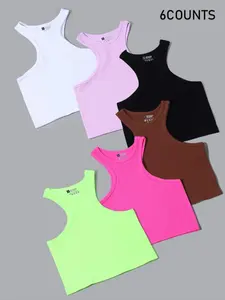 Women's Solid Round Neck Ribbed Crop Sports Vest, Quick Drying Breathable Comfortable Crop Sports Tank Top for Yoga Gym Workout Running, Ladies Sportswear for All Seasons