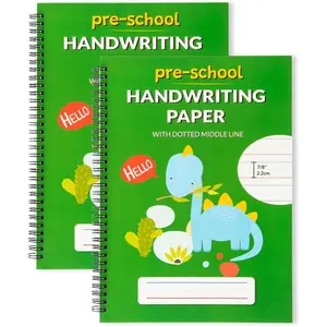A4 Lined Handwriting Practice Notebook for  - Dotted Midline, Spiral Bind, , , 100 Thick Pages (2, Green Dino)