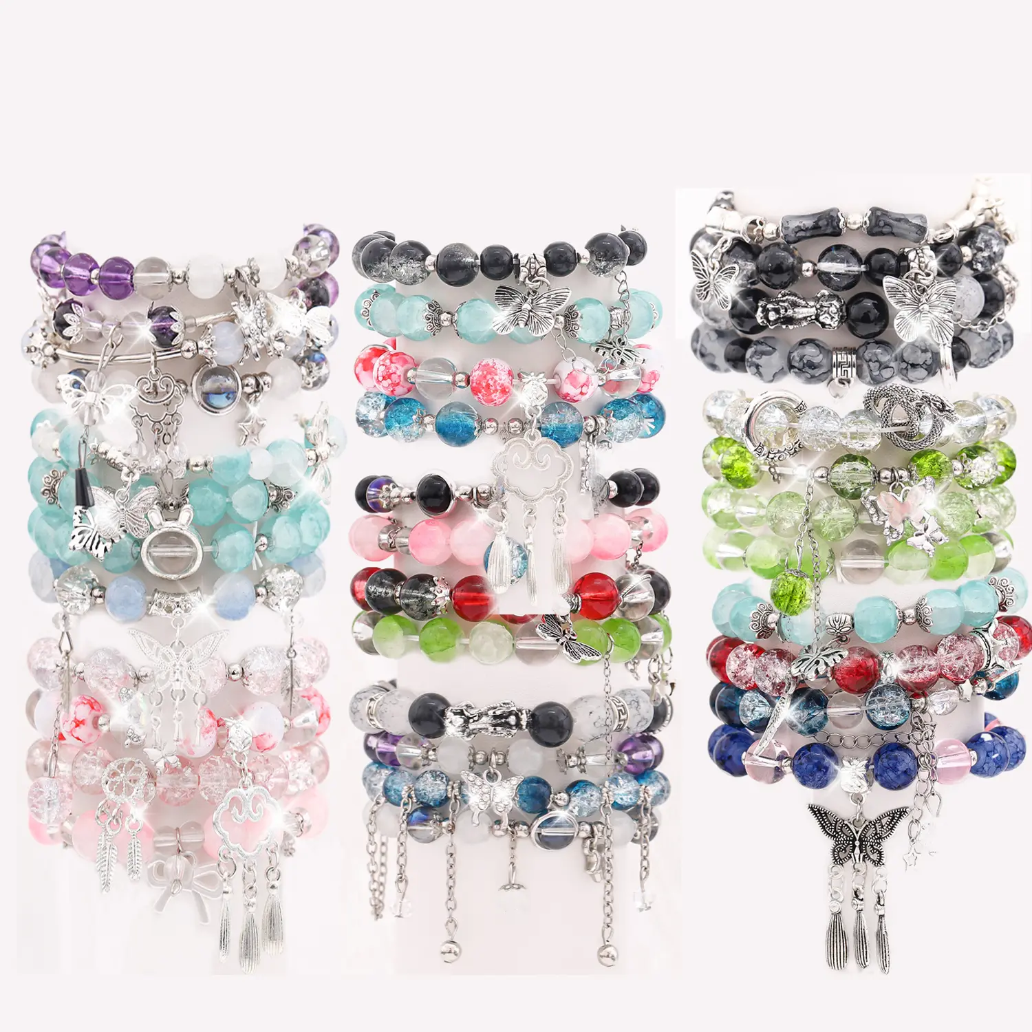 10/20/35PCS Y2K Dainty Stackable Glass Bracelet Set for Women - Sparkling Crackle Bead Bracelets with Butterfly,Feather,Bow Pendants, Aesthetic Minimalist Boho Everyday Jewelry, Perfect Unique Gift for Her, Valentine's Day Birthday Anniversary Gifts,summe