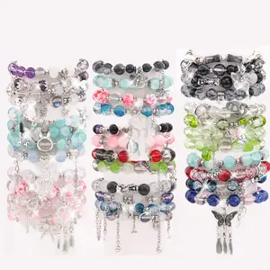 10/20/35PCS Y2K Dainty Stackable Glass Bracelet Set for Women - Sparkling Crackle Bead Bracelets with Butterfly,Feather,Bow Pendants, Aesthetic Minimalist Boho Everyday Jewelry, Perfect Unique Gift for Her, Valentine's Day Birthday Anniversary Gifts