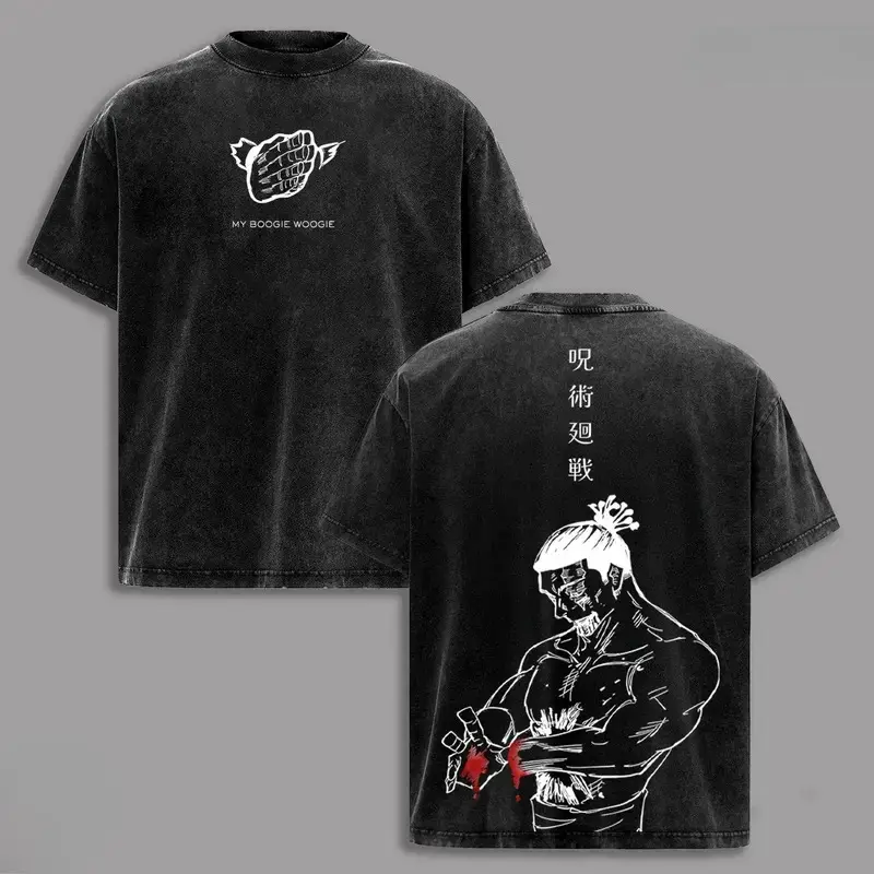 Black Washed Jujutsu Kaisen Aoi Todo Tshirt Oversized Streetwear Top Featuring "My Boogie Woogie" Quote and Character Sketch Ideal for Casual Wear and Anime Events