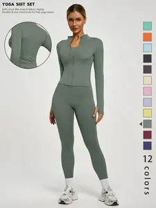 Women's New Solid Color Simple Fashion High-End Long Sleeve Quick-Dry Sports Set, Yoga Essential Jacket, Elastic Tight Yoga Pants