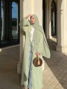 CL76 Light Sage Green Open Abaya with Floral Lace Trim & hijab– Elegant Modest Muslim Women’s Long Cardigan Dress for Eid, Ramadan & Daily Wear