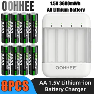 OOHHEE 8 PCS 3600mWh 1.5V Rechargeable AA Lithium Batteries with Fast Charger, Rechargeable High Capacity AA Battery, Cycle Times up to 1200x