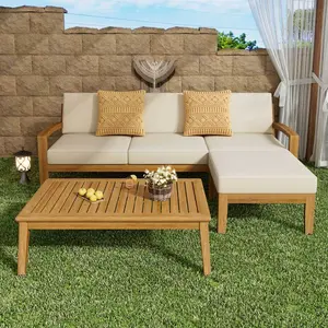 5-Piece Outdoor Acacia Wood Sectional Sofa Set, Patio furniture Conversation Set with Cushions, Ottoman & Coffee Table for Backyard, Garden & Deck