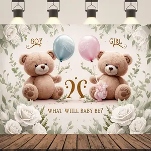 1pc 2D Flat Gender Reveal Party Banner | Polyester Decor with Teddy Bear Design | Multi-Color Balloons & Floral Accents | 'Boy or Girl' Text | Ideal for Youngsters Showers, Home & Garden Ornaments Flower White