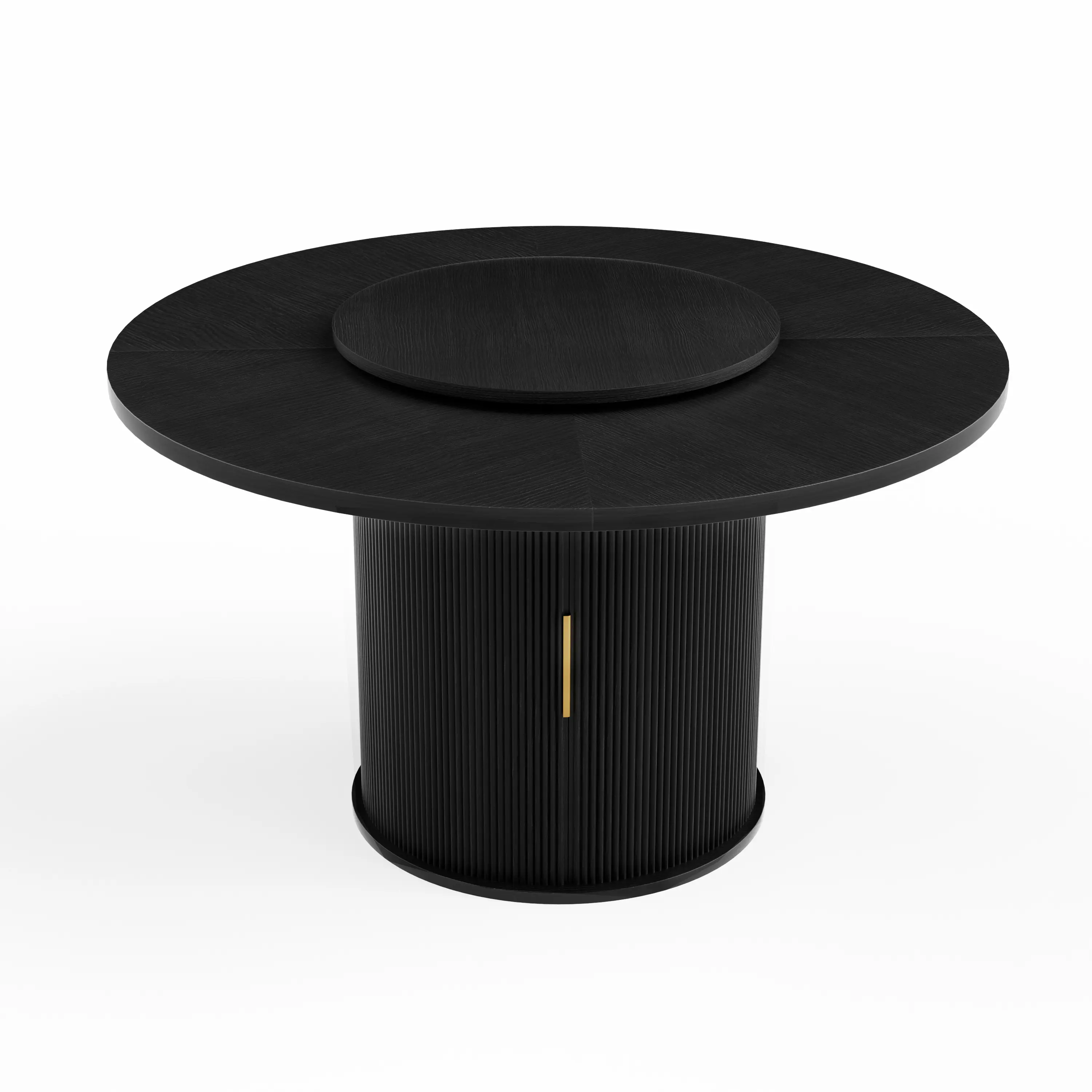 Round Dining Table, 55-Inch, Seats 6, with Rotating Tray and Double-Tier Storage, Wavy-Striped Sliding Doors, Black