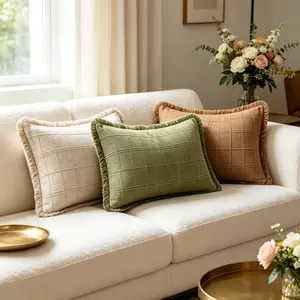 Two-Piece French Vintage Plaid Fringe Pillow Covers, Comfortable, Durable, Breathable, Ideal for Living Room, Bedroom, Balcony