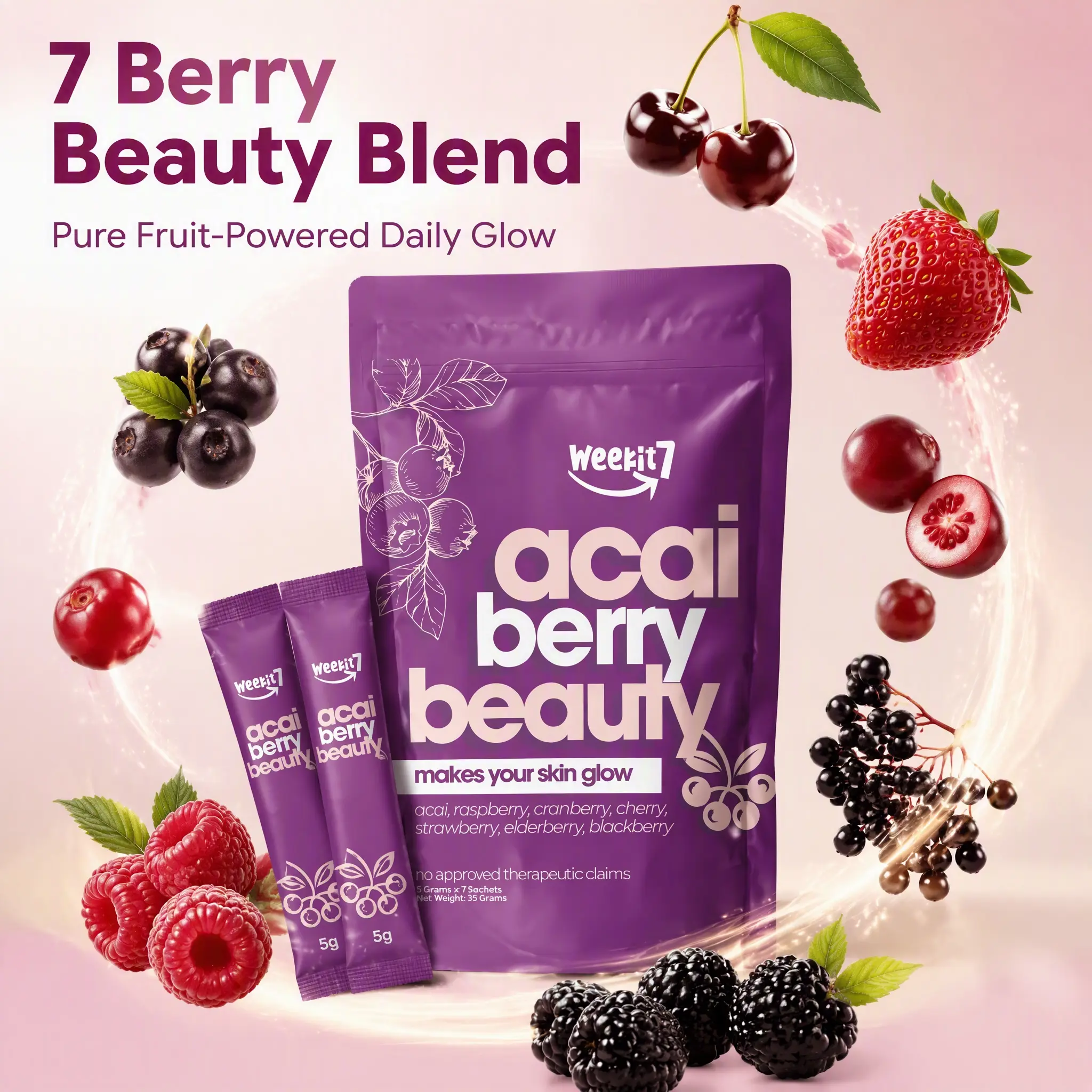 Weekit7 Acai Berry Powder | Antioxidant-Rich Berry Blend | Supports Daily Wellness, Alternative beverages,Skin Glow & Immune Health | Easy Daily Berry Drink