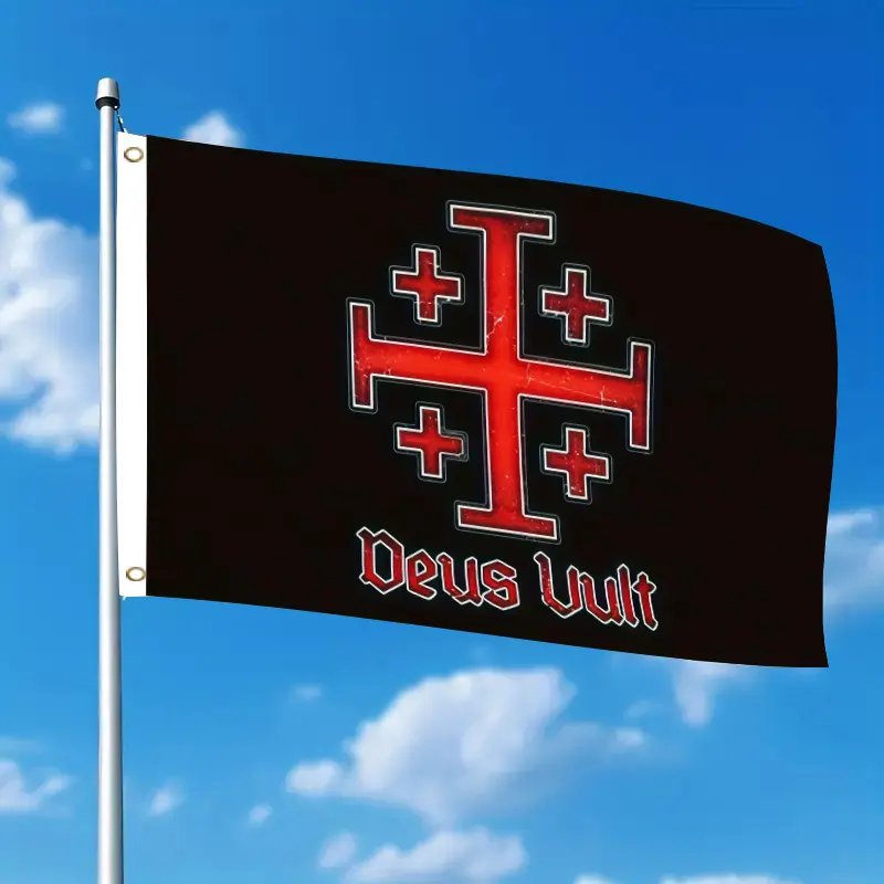 1pc Red Jerusalem Cross Banner - 3x5ft Rectangle, Deus Vult Text, Distressed Heraldic Prints, Single-Sided, 2-Hole Ring, Durable Lightweight Polyester Fabric, Easy Hand-Wash Care, Fade Resistant Decorative All Seasons Outdoor Home Decor, Party