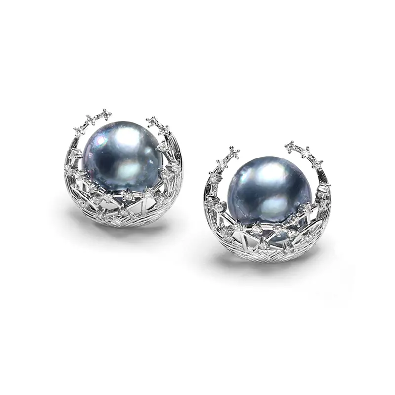 Blue Pearl Ribbon Earrings with Textured Silver Galaxy Design, Elegant Bridal Jewelry for Women, Anniversary Gift