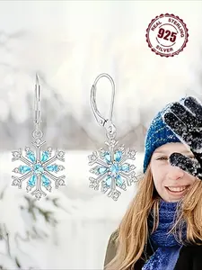 Pair of s925 silver snowflake inlaid synthetic Zirconia design Women's dangling earrings, suitable for Women's high-quality jewelry gift, hypoallergenic silver weight