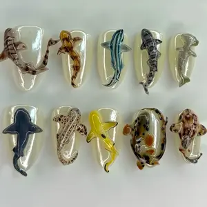 10 Pcs 3D Shark Almond Shape Nail Tips, Nail Art Diy, Nail Extension Art, Colorful Ocean Design, Glossy Finish, Comfortable & Durable, Perfect for Parties & Daily Wear