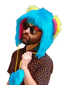 Atomic Laundry Apparel Blue Pink and Yellow Faux Fur Bear Mouse Hat with Large Adorable Ears and Fluffy Pom Poms One Size Fits All Teen Adult