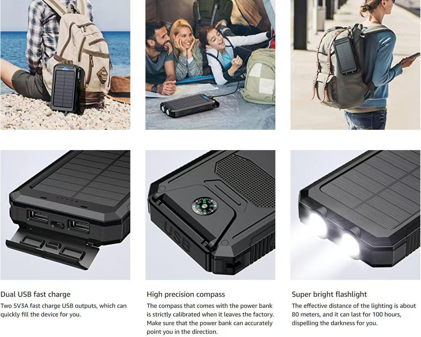 Portable Solar Phone Charger, Camping External Battery Charger for Mobile Phones, with 2 USB Ports and LED Flashlight (with Compass), Ideal for Outdoor Activities, 10000/20000 mAh Solar Power Bank