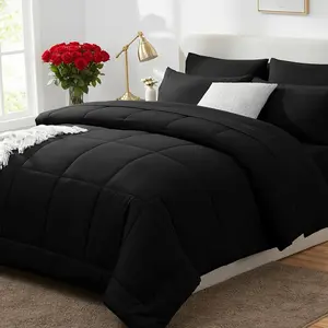 Queen Size Black 7 Pieces Bed in a Bag Comforter Set, All Season Bedding Sets with Stitch Quilted Comforter, Flat Sheet, Fitted Sheet, Pillowcases