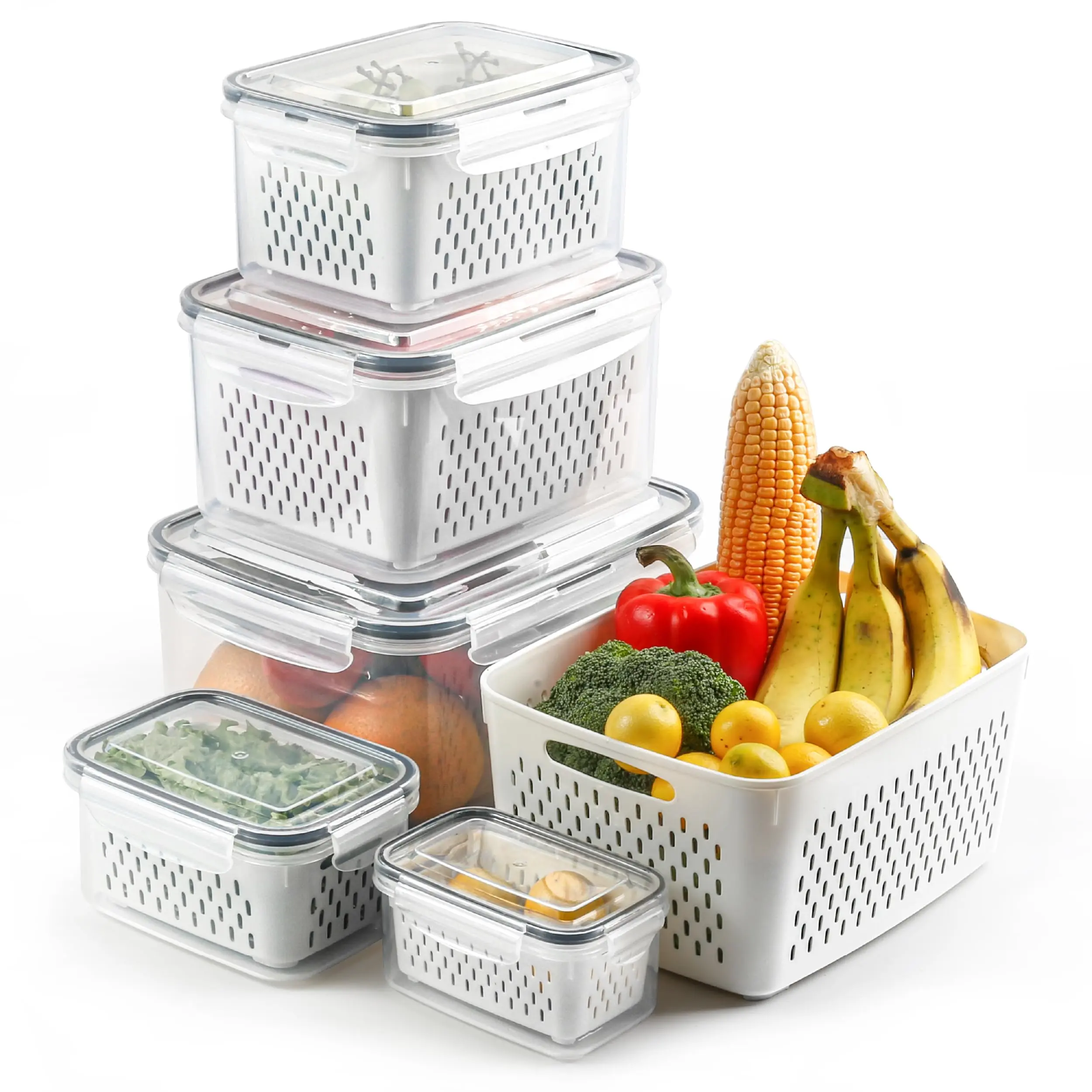 Pack Fridge Organizers and Storage - Stackable Fruit Storage Containers for Fridge with Removable Colander, BPA-Free Food Storage Container for Salad Berry Lettuce Vegetables Meat Keeper Fresh