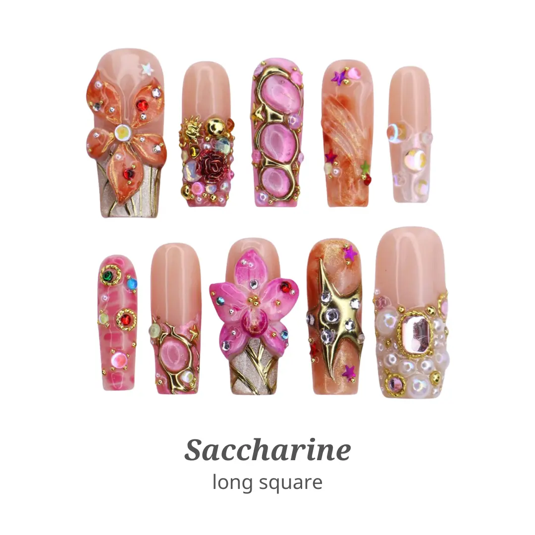 Lilynailsart | Maximalist Pink Floral Nails – Gold Chrome 3D Flower Rhinestone Pearl Nails – Long Square Luxury Nails