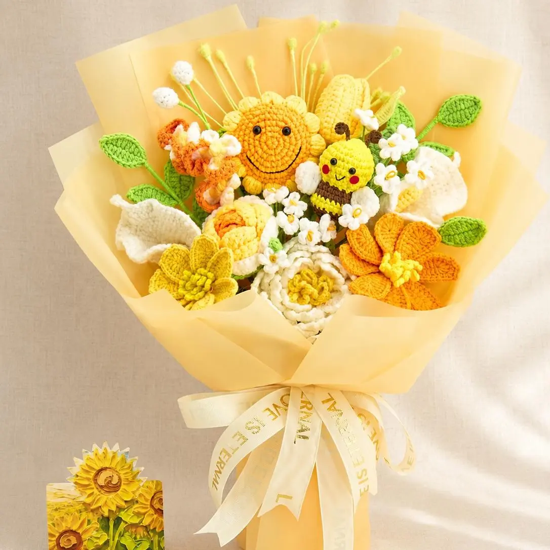 Handmade Crochet Flowers Bouquet Back to School Gift Teacher Gift for Students, Girlfriend, Mom with Yellow Bee Sunflower Rose Forever Flowers, Greeting Card for Birthday Wedding Anniversary Just Because Gift US Fast Shipping Home Decor