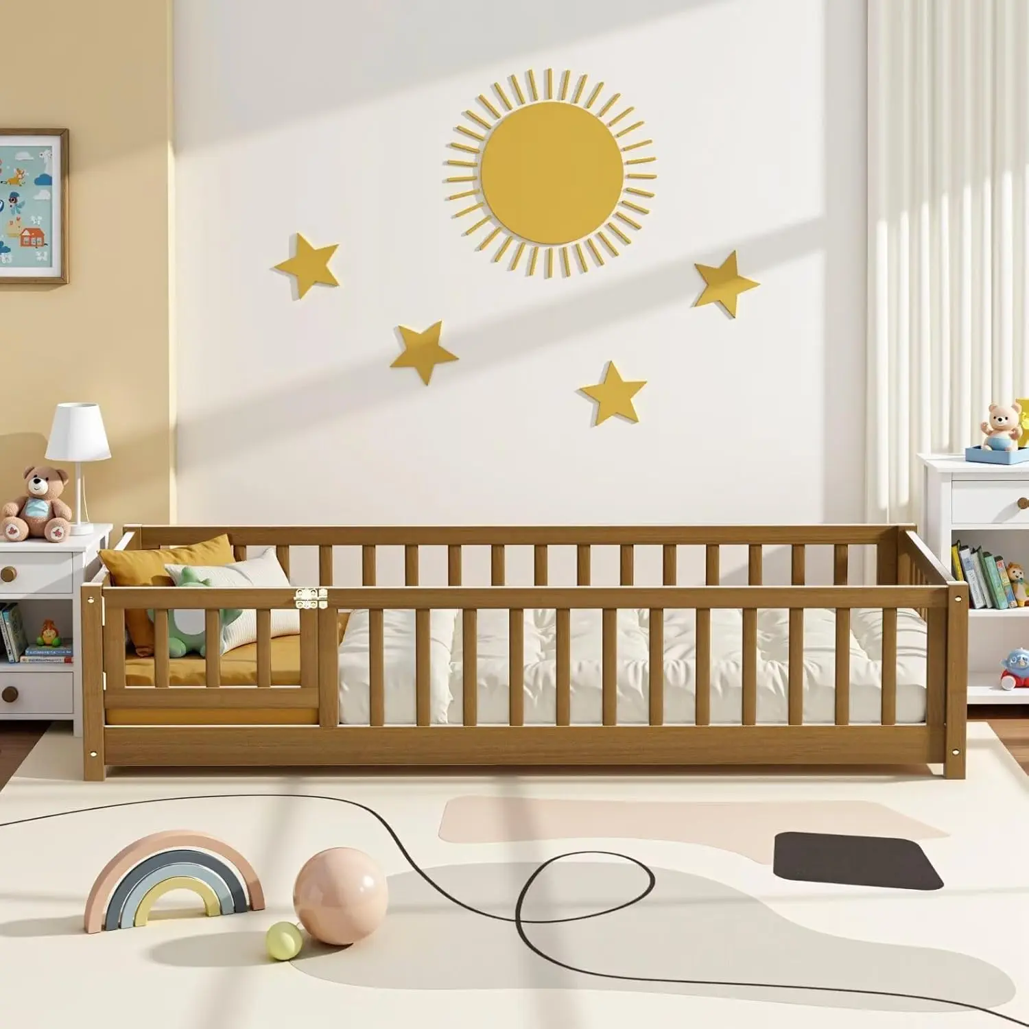 NEKODO Montessori Floor Bed with Safety Door & Fence, Wooden Slat Support, Twin/Full/Queen Size Kids Bed Frame for Boys Girls, Multi Color Options for Children Bedroom