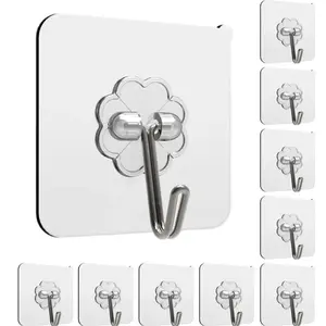 10PCS Transparent Adhesive Wall Hooks, No Drill Removable Sticky Hooks for Bathroom, Kitchen, Closet Organizer