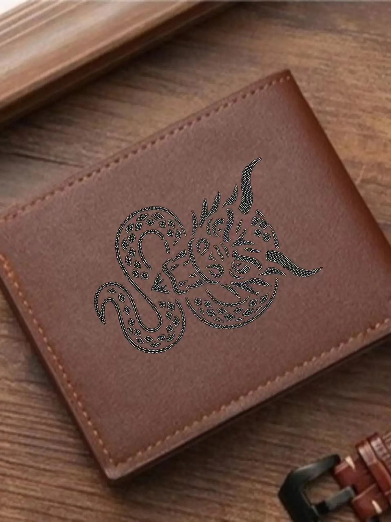 Men's Dragon Leather Wallet, Rhinestone Style Dragon Print, Mystical Fantasy Two-Fold Design, PU Card Holder, Trendy Daily Use Gift