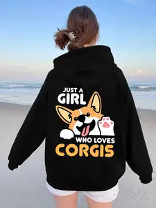 【Plus Size】Women's Letter & Corgi Dog Print Hoodie, Casual Long Sleeve Drawstring Hooded Sweatshirt for Fall & Winter, Women's Clothes for Daily Wear