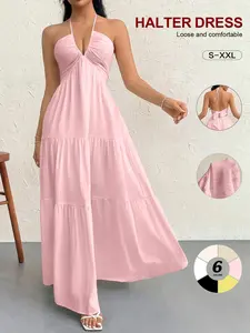 French Halter Backless Dress, European Style Chic Vacation Maxi Dress, Sexy Deep V Cake Dress, Summer Slimming Waist Long Dress, Beach Party