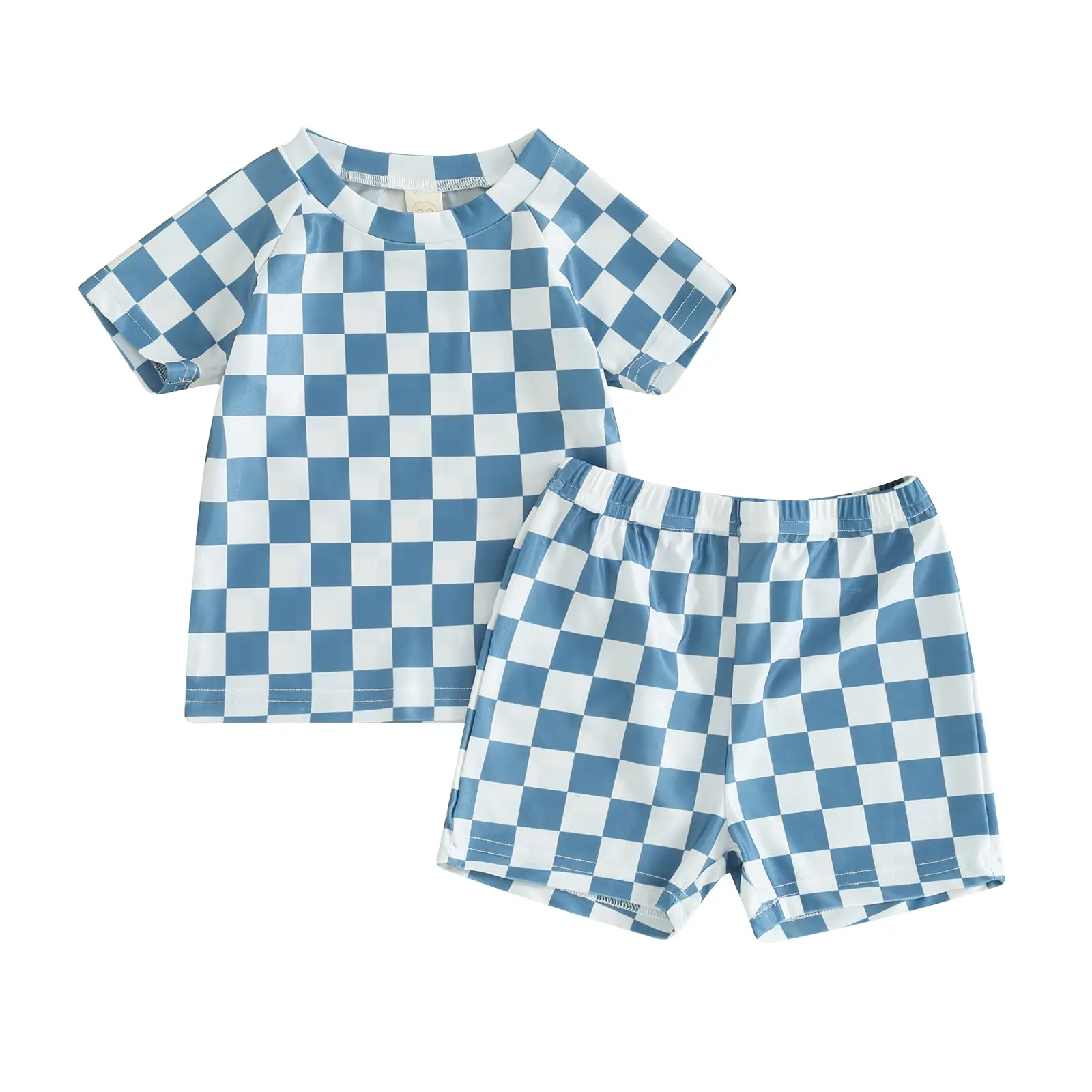 Toddler Boy Two Piece Swimsuit Checkered Short Sleeve Top Trunk Rashguard Swimwear Boy Sun Protection Beach Clothing