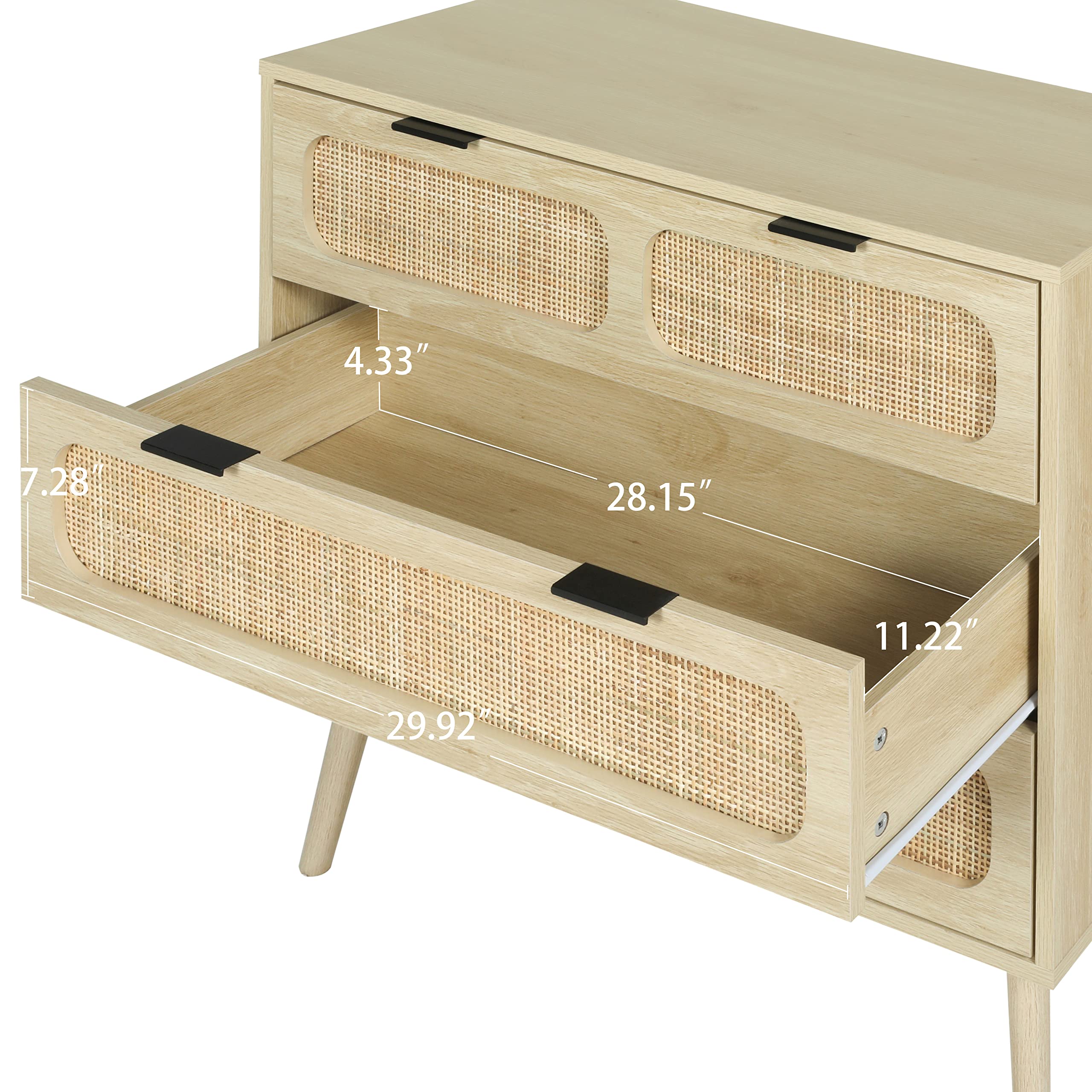 Giratree 3 Drawer Dresser, Modern Rattan Dresser Chest with Wide Drawers and Metal Handles, Farmhouse Wood Storage Chest of Drawers for Bedroom, Living Room, Hallway, Entryway