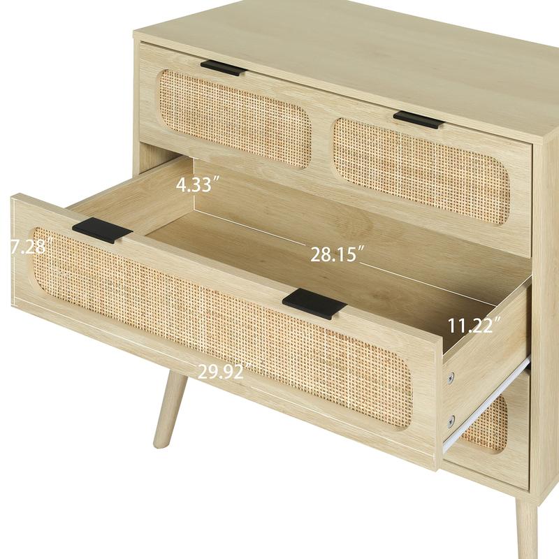 Giratree 3 Drawer Dresser, Modern Rattan Dresser Chest with Wide Drawers and Metal Handles, Farmhouse Wood Storage Chest of Drawers for Bedroom, Living Room, Hallway, Entryway