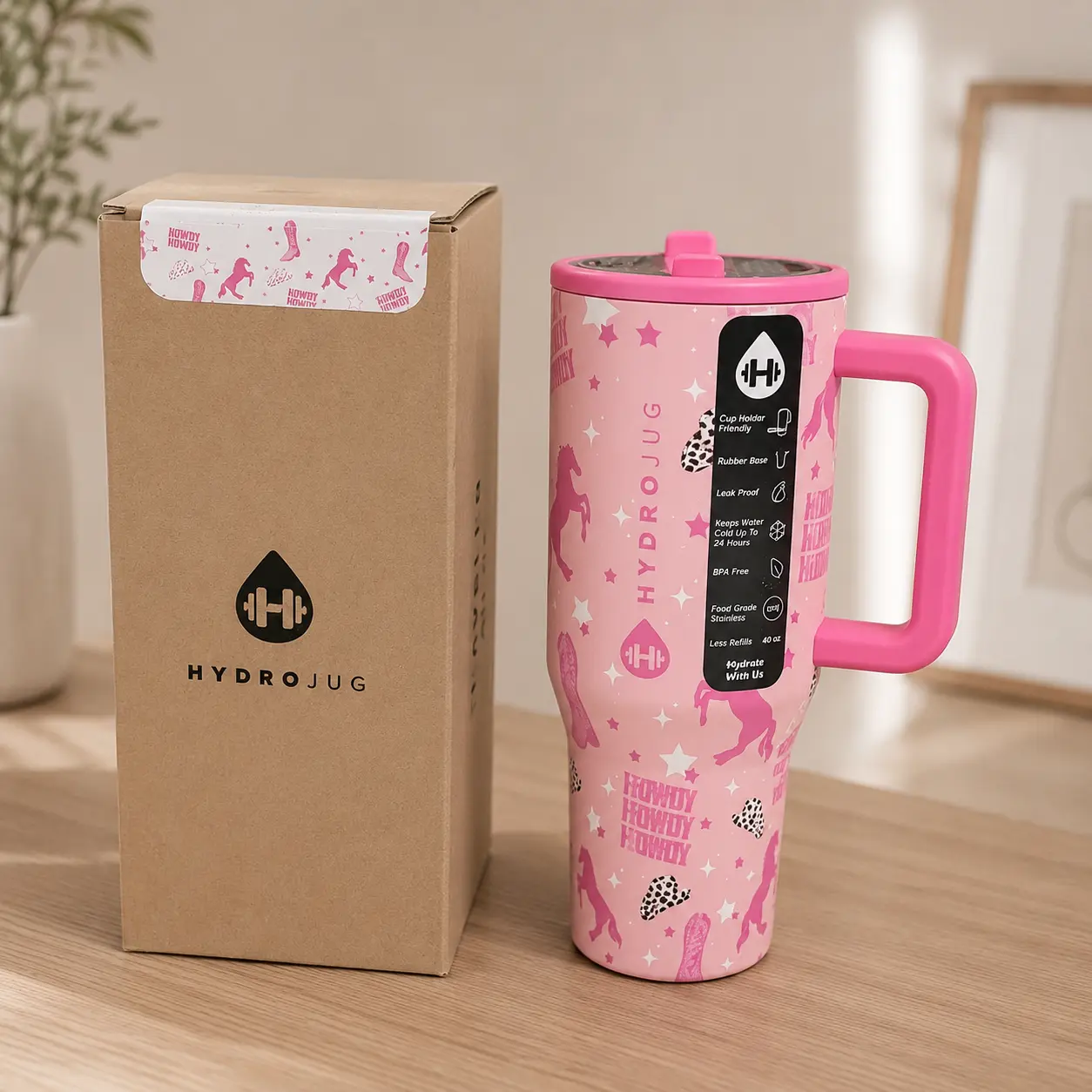 HydroJug Traveler Cowgirl Powder 32oz/40oz Insulated Stainless Steel Tumbler with Handle & Flip Straw, Leak Resistant, Fits Cup Holder