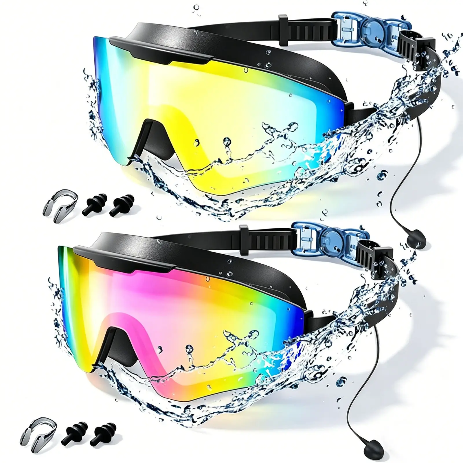 Swim Goggles with Earplugs, Outdoor Swimming Goggles, Pool Goggles, Wide View Anti UV Fog Swimming Goggles, 3-Color UV Lens Swim Glasses for Men Women, Waterproof Goggles, Leak Proof Goggles, Splash Swim Goggles