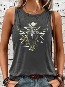 Women's Bull Head & Sun Print Round Neck Tank Top, Casual Sleeveless Top for Summer, Ladies Clothes for Daily Wear, Socks
