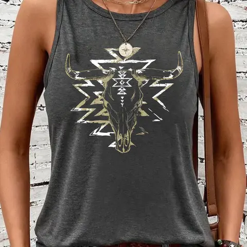 Women's Bull Head & Sun Print Round Neck Camisole Tank Top, Summer Tops Trendy, Casual Boho Sleeveless Style Top for Summer, Ladies Clothes for Daily Wear, Socks