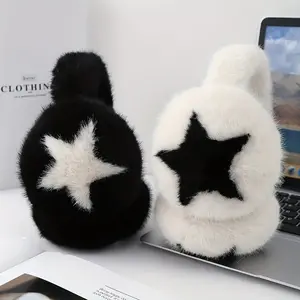 Star Plush Ear Warmers, Soft Winter Ear Muffs with Black White Star Pattern, Fitted Windproof Cold Proof Foldable Ear Cover for Skiing, Hiking, Commuting