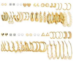 36 Pairs Gold Earrings Set for Women, Fashion Pearl Chain Hoop Earrings Studs Pendants Multi-Pack Hoop Set, Hypoallergenic Earrings for Birthday Party Gifts