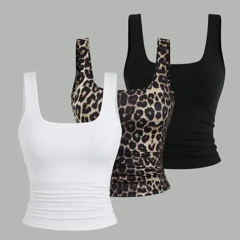 Plus Size Women's Camisole Set, 3-Piece Sleeveless Knit Fitted Top, Bodycon Tank Top, Sleeveless Casual Clothes, Casual Summer Wear, Comfortable, Soft, Breathable & Stylish Design, Perfect for Daily Use, Outfit