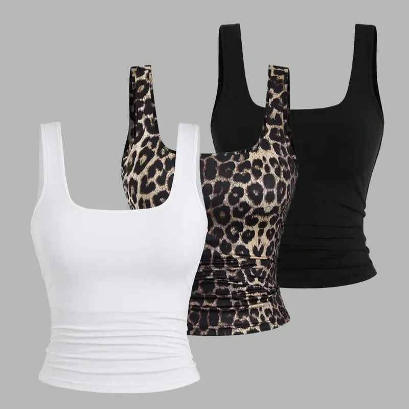 Plus Size Women's Camisole Set, 3-Piece Sleeveless Knit Fitted Top, Bodycon Tank Top, Sleeveless Casual Clothes, Casual Summer Wear, Comfortable, Soft, Breathable & Stylish Design, Perfect for Daily Use, Outfit