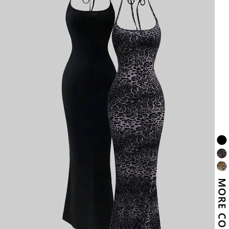 Women's Leopard Print Cami Mermaid Dress & Solid Color Sleeveless Cami Dress Set, Sexy Minimalist Fashion Casual Two-piece Outfits for Party Club Dating Wear, Ladies Summer Clothes, Gowns, Formal Womenswear, Dresse