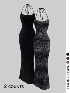 women's leopard print cami mermaid dress & solid color sleeveless cami dress set, sexy fashion casual two-piece outfits for party club dating wear, ladies summer clothes, gowns, formal womenswear, dresse